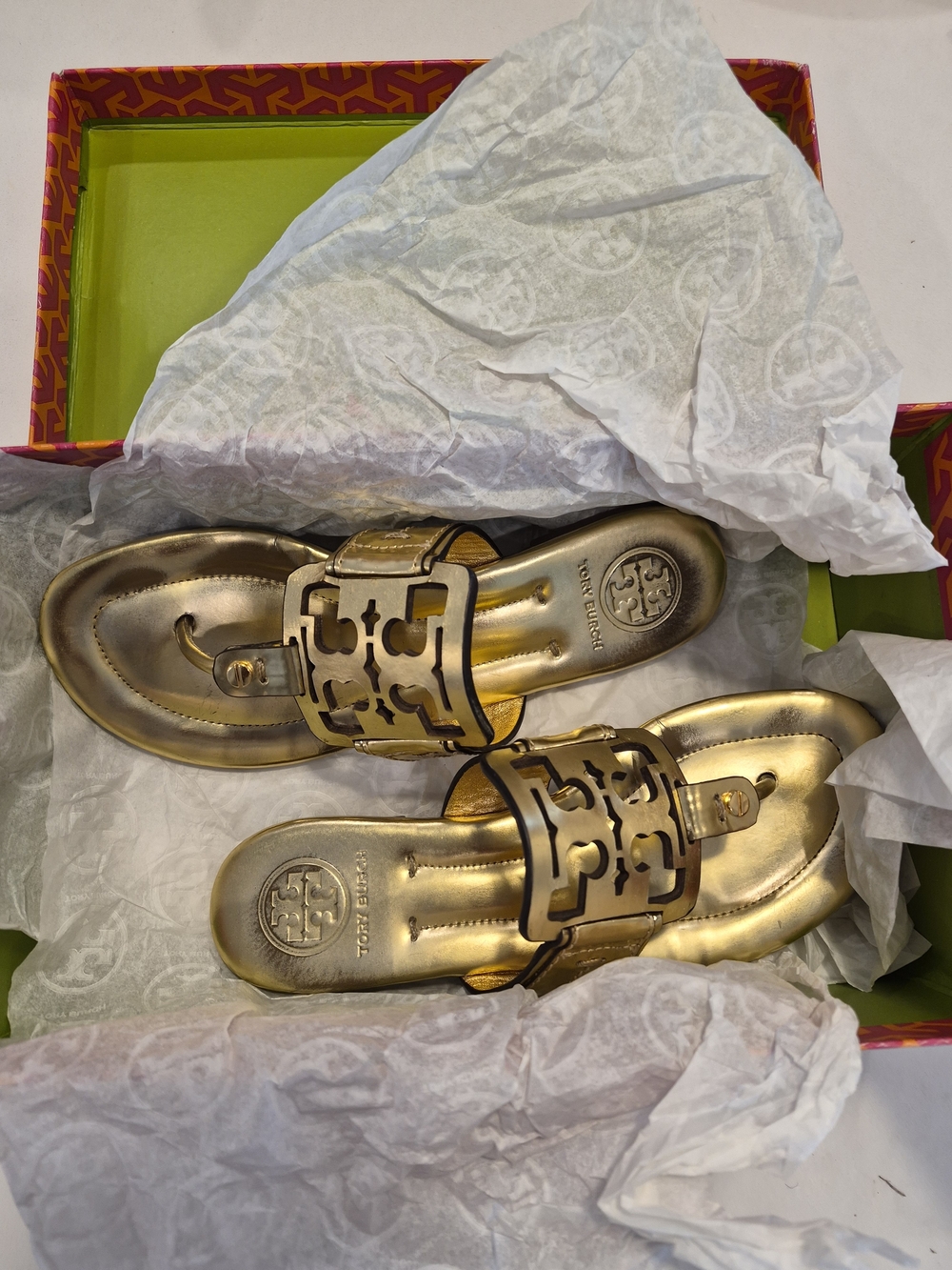 Tory Burch Metallic Gold Logo Thong Sandals Size 6